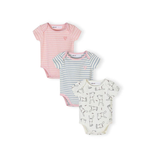 Rompertjes met korte mouwen, set van 3, konijn/gestreept hart, roze/wit: Light Pink / 0-3 M (56-62 cm)
