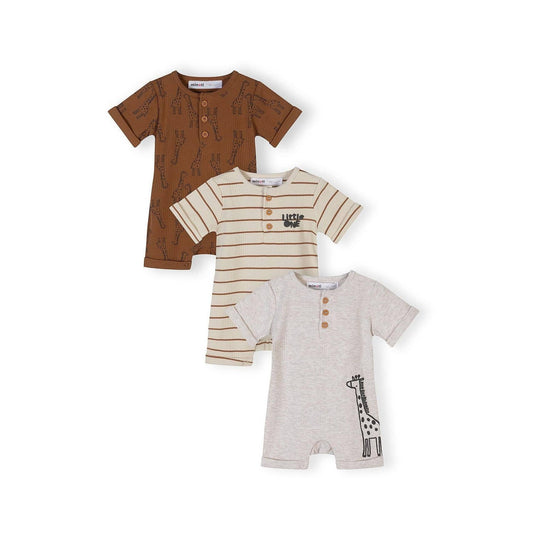 Geribbelde rompers (set van 3), giraf & streep, beige/bruin: Beige / 6-9 M (68-74 cm)