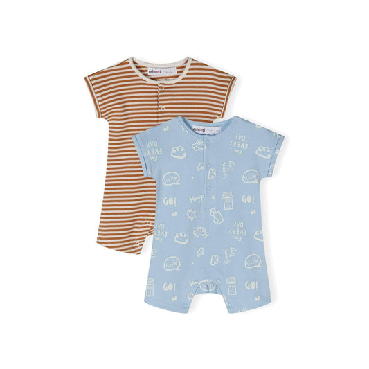 Set van 2 rompers met korte mouw, gestreept & met print, blauw: Beige / 6-9 M (68-74 cm)