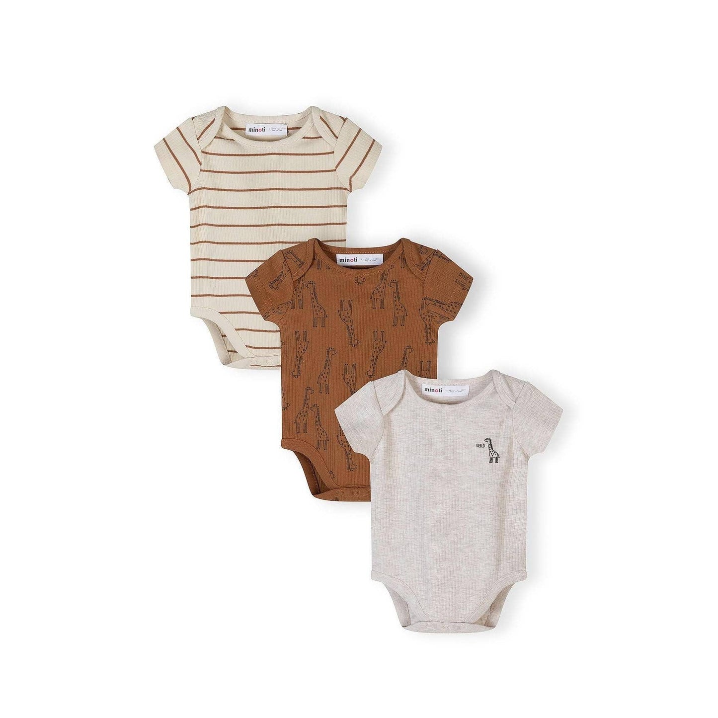 3-pack rompertjes met korte mouwen, giraffenprint, beige-bruin: Beige / 6-9 M (68-74 cm)