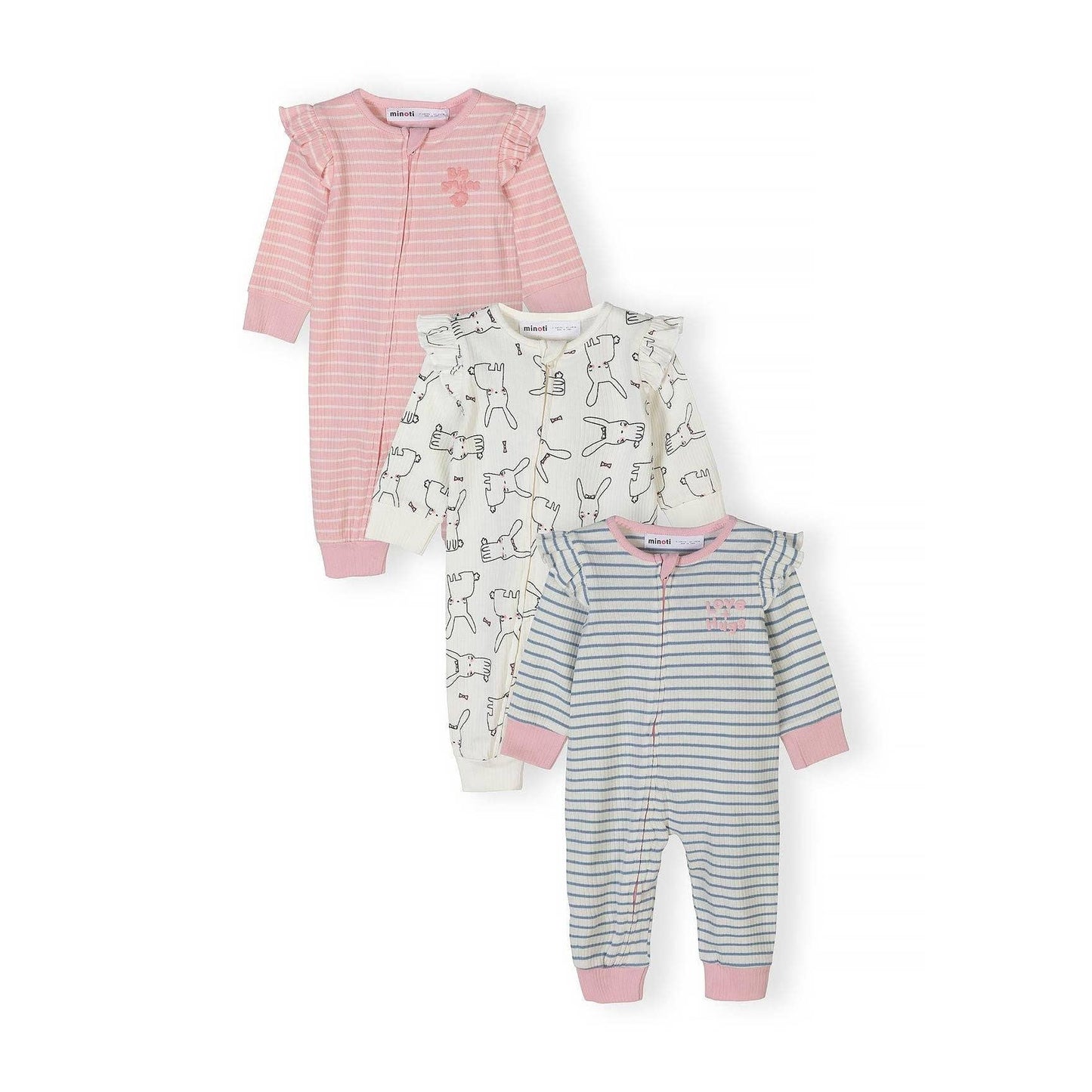 Set van 3 rompertjes met voetjes geribd, gestreept en met konijntje, roze: Lichtroze / 6-9 M (68-74 cm)